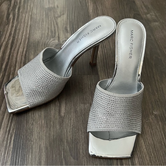 Marc Fisher NEW Silver Metallic Rhinestone Square Toe MFDANRIE Shimmery Heels - Picture 7 of 16